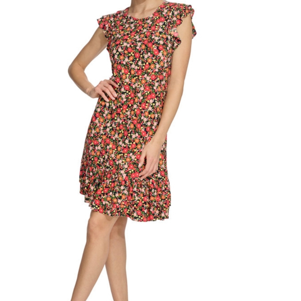 TOMMY HILFIGER Bright Floral Ruffled Jersey Knit Shift Midi Dress 2